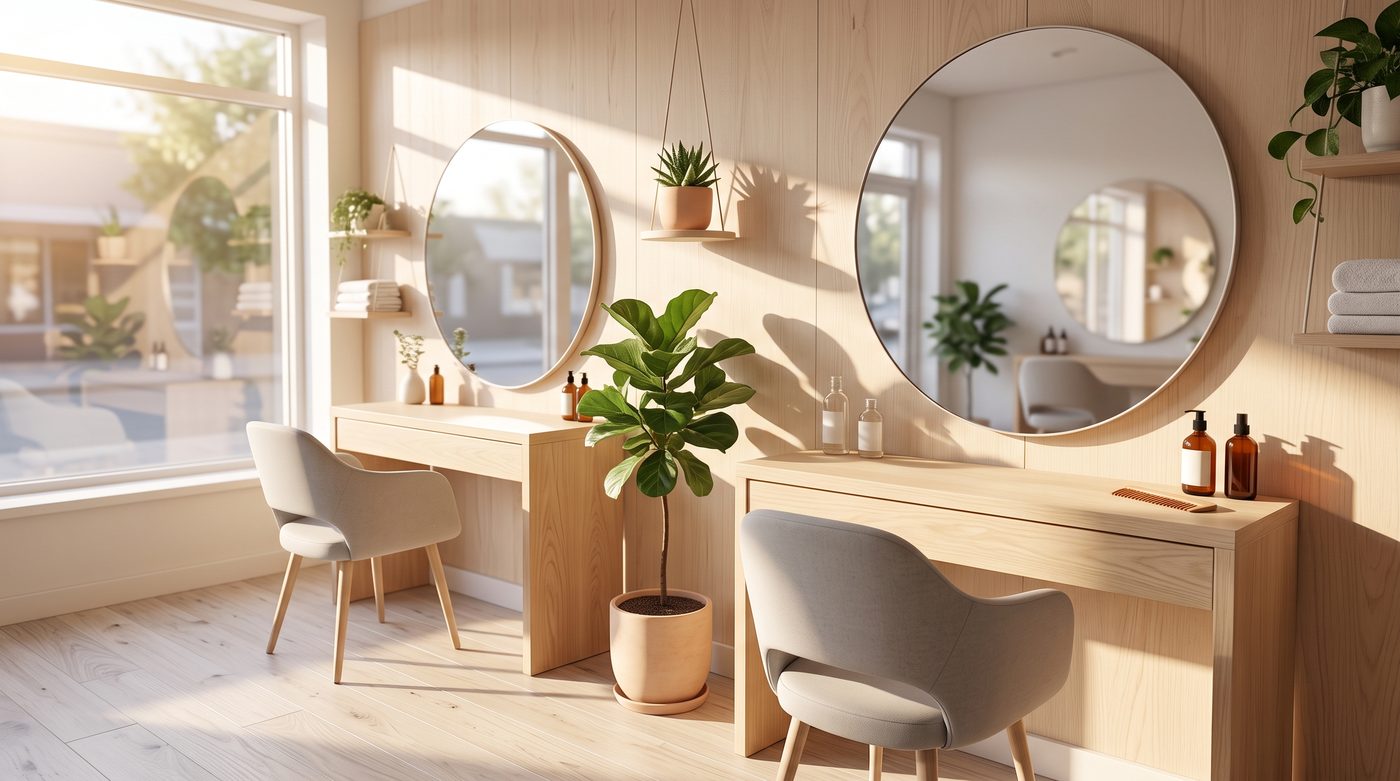 Inside Sable & Shore: two stations with round mirrors, pale timber and plants
